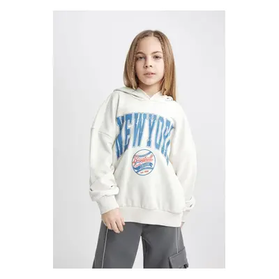 DEFACTO Girl Oversize Wide Pattern Hooded Printed Sweatshirt