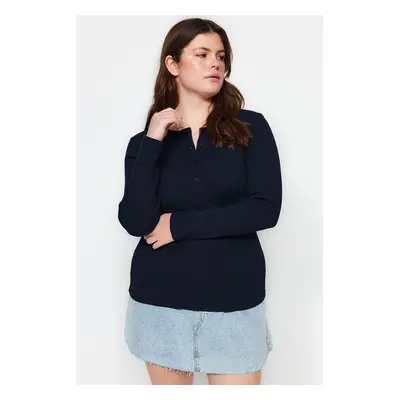 Trendyol Curve Dark Navy Blue Crew Neck Plain Basic Ribbed Knit Blouse