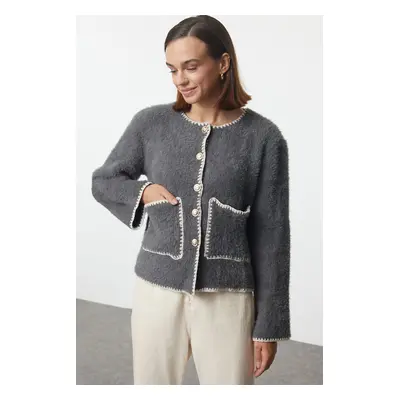 Trendyol Anthracite Fluffy Soft Texture Jacket-Look Knitted Cardigan