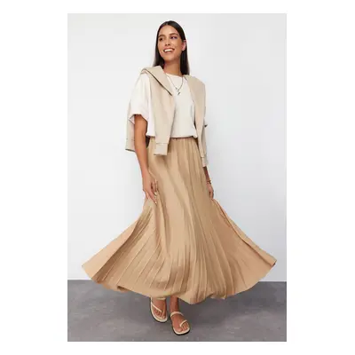 Trendyol Dark Beige Pleated Knitted Long Skirt