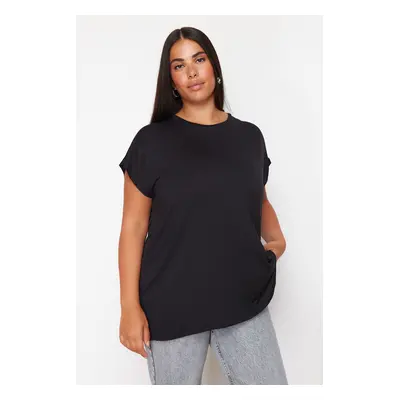 Trendyol Curve Black Boyfriend V-Neck Slit Knitted Modal Fabric T-Shirt