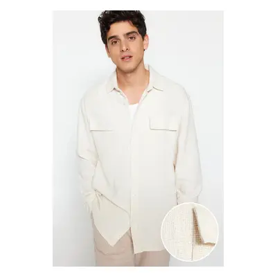 Trendyol Ecru Oversize Fit Linen Textured Double Pocket Jacket Shirt