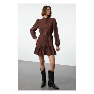 Trendyol Brown Belted Long Sleeve Mini Woven Shirt Dress