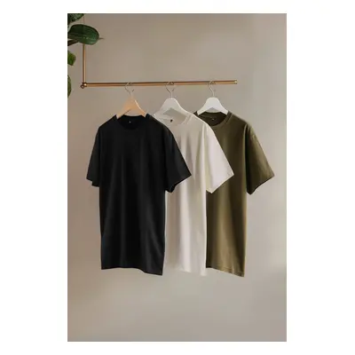 Trendyol Black-Stone-Khaki Large Size 3-Pack Regular Cut 100% Cotton T-Shirt