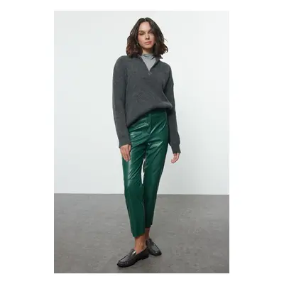 Trendyol Green Faux Leather Cigarette Zippered Woven Trousers