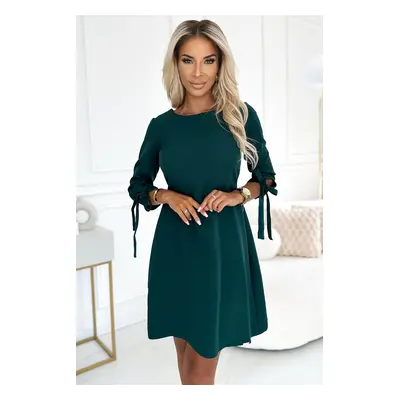 195-11 ALICE Trapezoidal dress with bows - BOTTLE GREEN