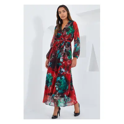 Bigdart Women's Red Green Patterned Chiffon Dress