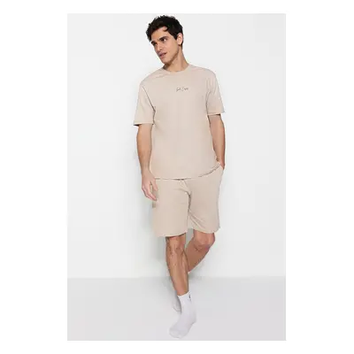 Trendyol Stone Regular Fit Crew Neck Pajama Set with Shorts