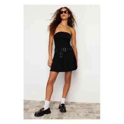 Trendyol Black Belt Buckle Strapless Collar Pleated Mini Denim Dress