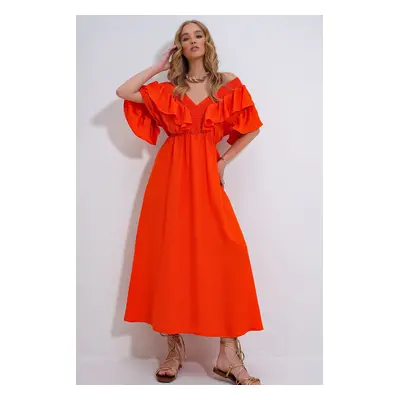 Trend Alaçatı Stili Women's Coral Collar Gimped and Flounced Waist Belted Midi-Weaving Dress