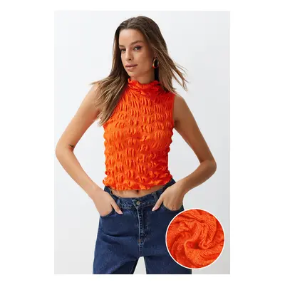 Trendyol Orange High Neck Fitted Crop Textured Stretch Knitted Blouse