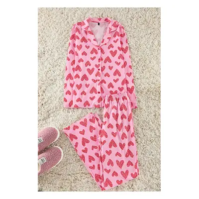 Trendyol Pink 100% Cotton Leopard Heart Knitted Pajama Set