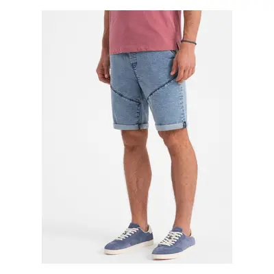 Ombre Turn-up denim men's short shorts with stitching - light blue