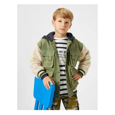 Koton Hooded Jacket with Plush and Zipper Detail, Cargo Pocket, Cuffs and Elastic Waist