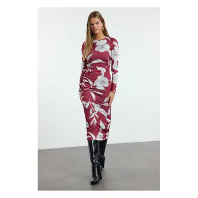 Trendyol Printed Fitted Elastic Gathered Detail Midi Knit Dress