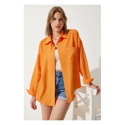 Happiness İstanbul Women's Orange Oversize Linen Ayrobin Shirt