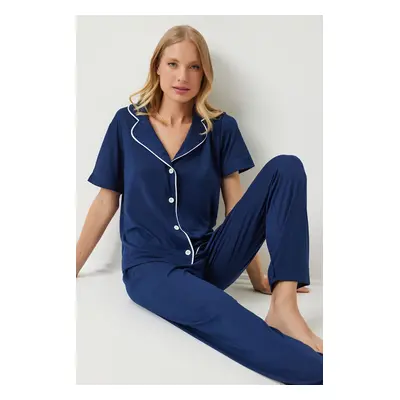 Happiness İstanbul Women's Navy Blue Piping Detailed Shirt Trousers Pajama Set