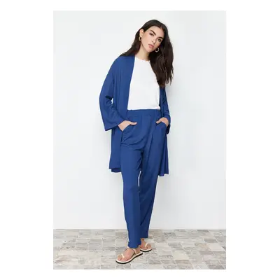 Trendyol Blue Oversize Textured/Creamy Knitted Kimono Trousers Top-Bottom Set