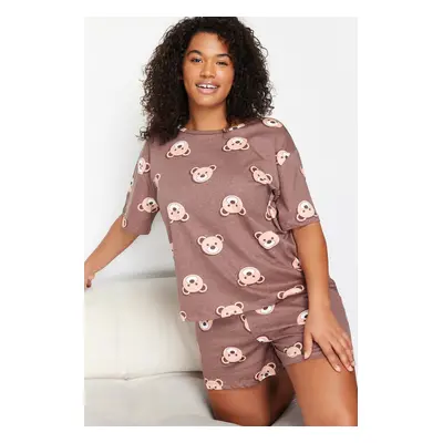 Trendyol Curve Brown Teddy Bear Printed Cotton Knitted Pajamas Set