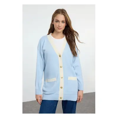 Trendyol Light Blue Color Block Knitwear Cardigan