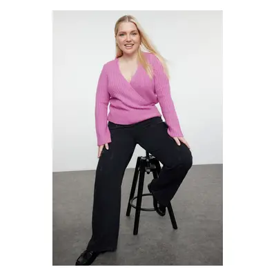 Trendyol Curve Pink Double Breasted Collar Ribbed Crop Knitwear Sweater