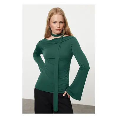 Trendyol Emerald Green Shawl Detailed Fitted Stretchy Knitted Blouse