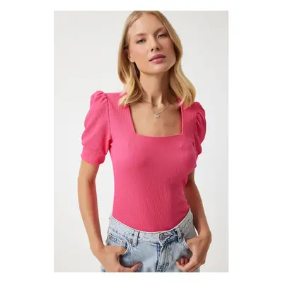 Happiness İstanbul Women's Dark Pink Square Collar Balloon Sleeve Knitted Blouse