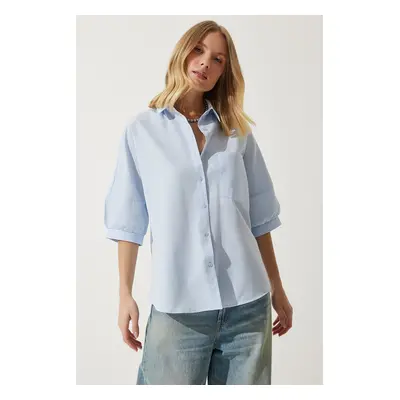 Happiness İstanbul Women's Sky Blue Balloon Sleeve Poplin Shirt