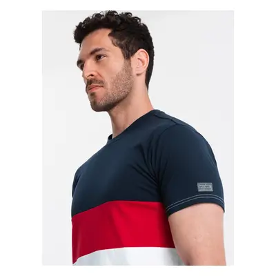 Ombre Men's tricolor T-shirt with wide stripes - navy blue and white