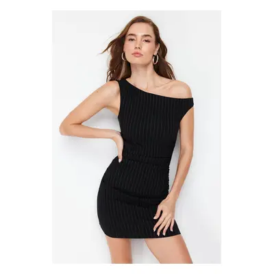 Trendyol Black One Shoulder Mini Striped Stretchy Mini Woven Dress