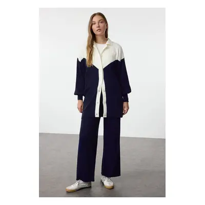 Trendyol Navy Blue Color Block Ribbed Cardigan-Pants Knitwear Top-Top Set