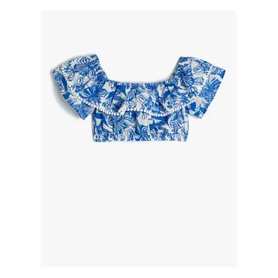 Koton Crop Blouse Sleeveless Open Shoulder Ruffles Floral Patterned Cotton