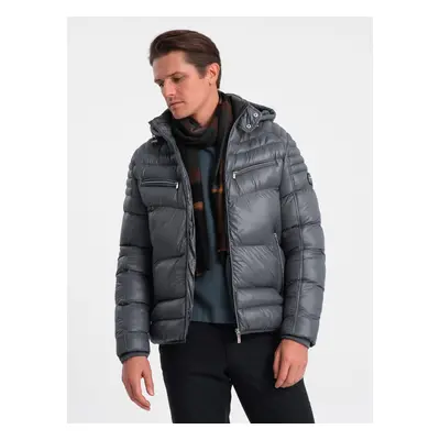 Ombre Men's quilted winter jacket with decorative zippers - graphite