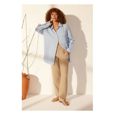 Trendyol Blue 100% Linen Oversize Shirt