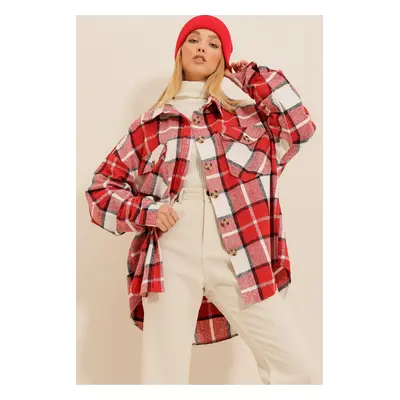 Trend Alaçatı Stili Women's Ecru Red Checkered Cachet Cotton Oversize Safari Jacket Shirt