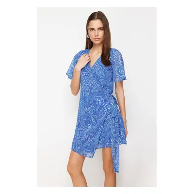 Trendyol Saxe Blue Shawl Patterned Wrap Mini Woven Dress