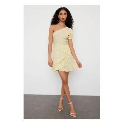 Trendyol Yellow Floral Patterned Ruffle Skirt Asymmetrical Collar Viscose Mini Woven Dress