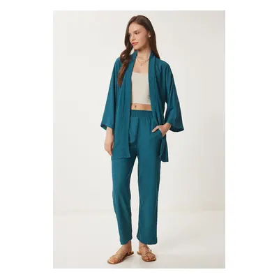 Happiness İstanbul Women's Emerald Green Kimono with Pants and Knit Set