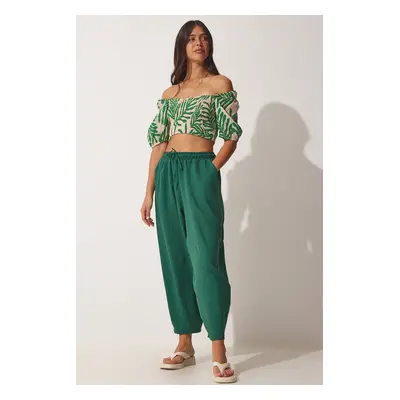 Happiness İstanbul Women's Emerald Green Linen Viscose Baggy Pants with Pocket