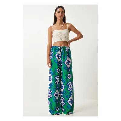 Happiness İstanbul Women's Green Blue Patterned Raw Linen Palazzo Trousers