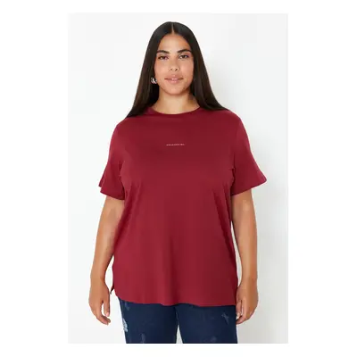 Trendyol Curve Claret Red Crew Neck Printed Plus Size Knitted Tshirt