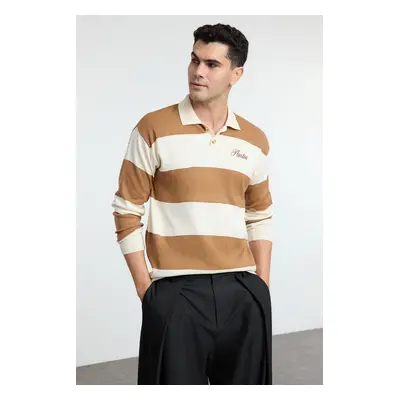 Trendyol Camel Casual Regular Polo Collar Color Block Knitwear Sweater