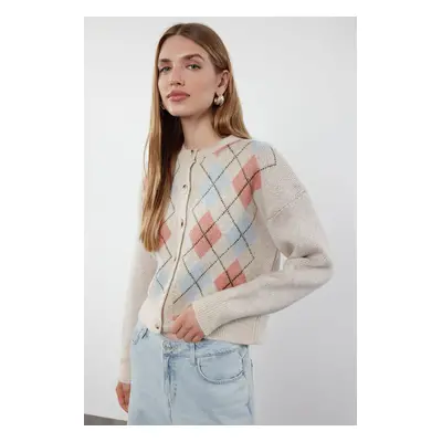 Trendyol Stone Soft Textured Diamond Patterned Jacket-Looking Knitwear Cardigan