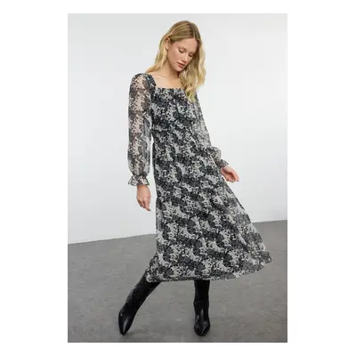 Trendyol Black Floral Patterned Skater/Waist Open Maxi Woven Chiffon Lined Dress