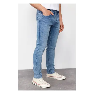 Trendyol Blue Skinny Fit Flexible Fabric Slim Cut Ribbed Destroyed Jeans Trousers