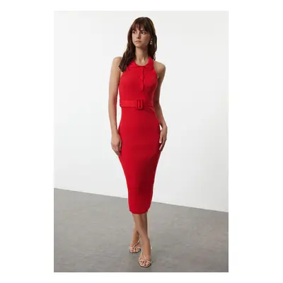 Trendyol Red Plain Belt Detailed Knitwear Dress