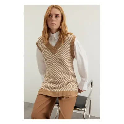 Trendyol Camel Striped V Neck Knitwear Sweater