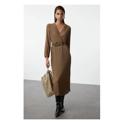 Trendyol Dark Mink Belted A-Line Pleated Maxi Lined Chiffon Woven Dress