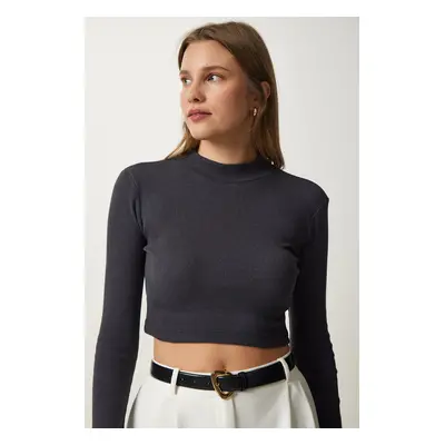 Happiness İstanbul Women's Anthracite Ribbed Turtleneck Crop Knitted Blouse