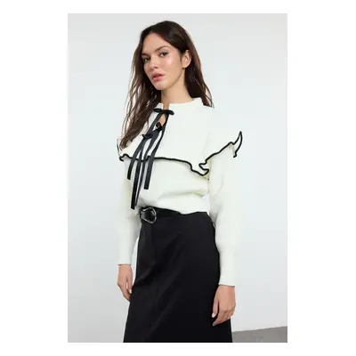 Trendyol Ecru Ribbon/Bow and Ruffle Detailed Knitwear Sweater